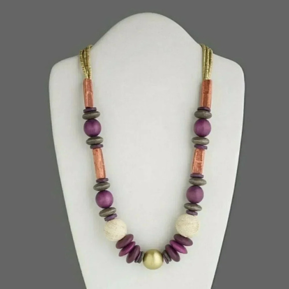 Handcrafted Philippines Long Wood Coco Shell Necklace Gold Purple - Picture 1 of 1